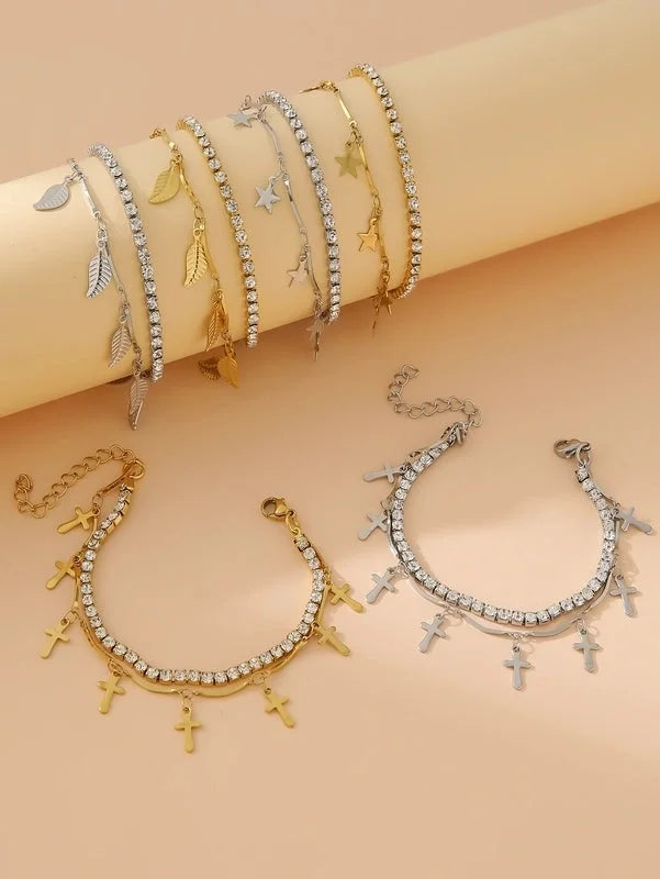 Elegant Glam Cross Star Leaves 304 Stainless Steel 18K Gold Plated Rhinestones Stainless Steel Bracelets In Bulk