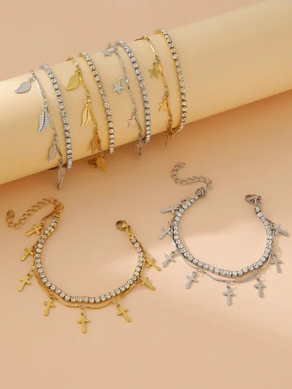 Elegant Glam Cross Star Leaves 304 Stainless Steel 18K Gold Plated Rhinestones Stainless Steel Bracelets In Bulk