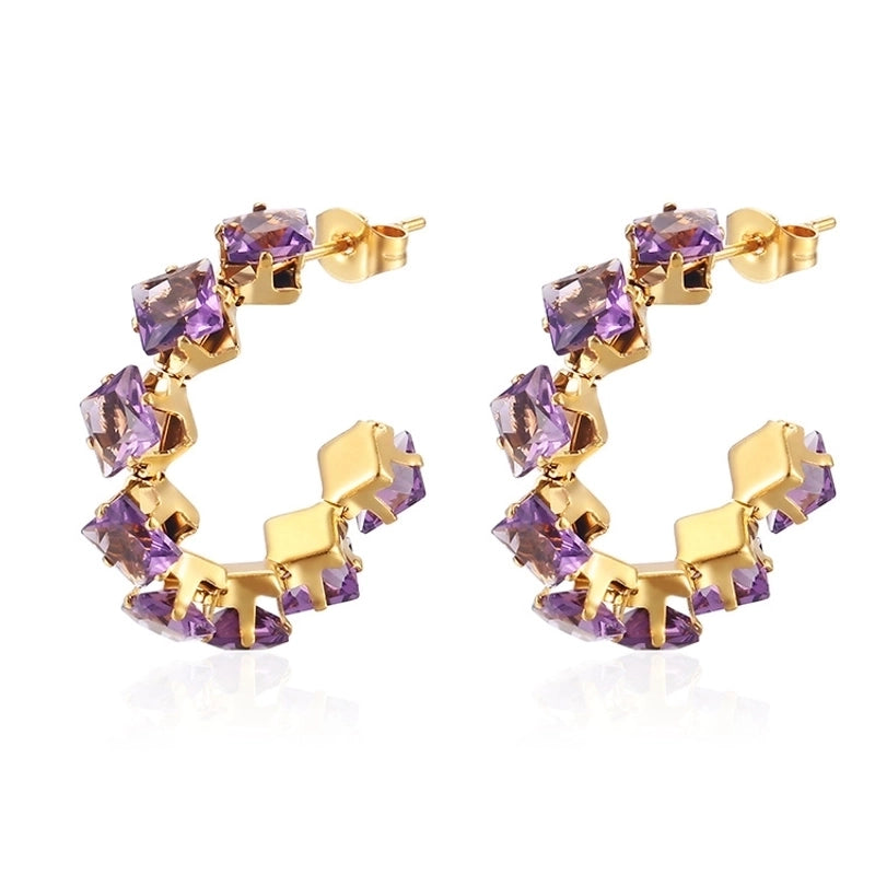 1 Pair IG Style Baroque Style Shiny C Shape Rhombus Inlay 316 Stainless Steel Zircon 18K Gold Plated Ear Studs