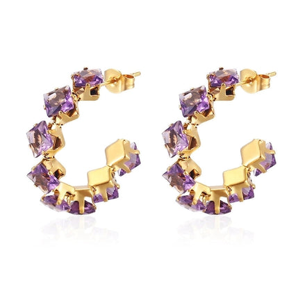 1 Pair IG Style Baroque Style Shiny C Shape Rhombus Inlay 316 Stainless Steel Zircon 18K Gold Plated Ear Studs