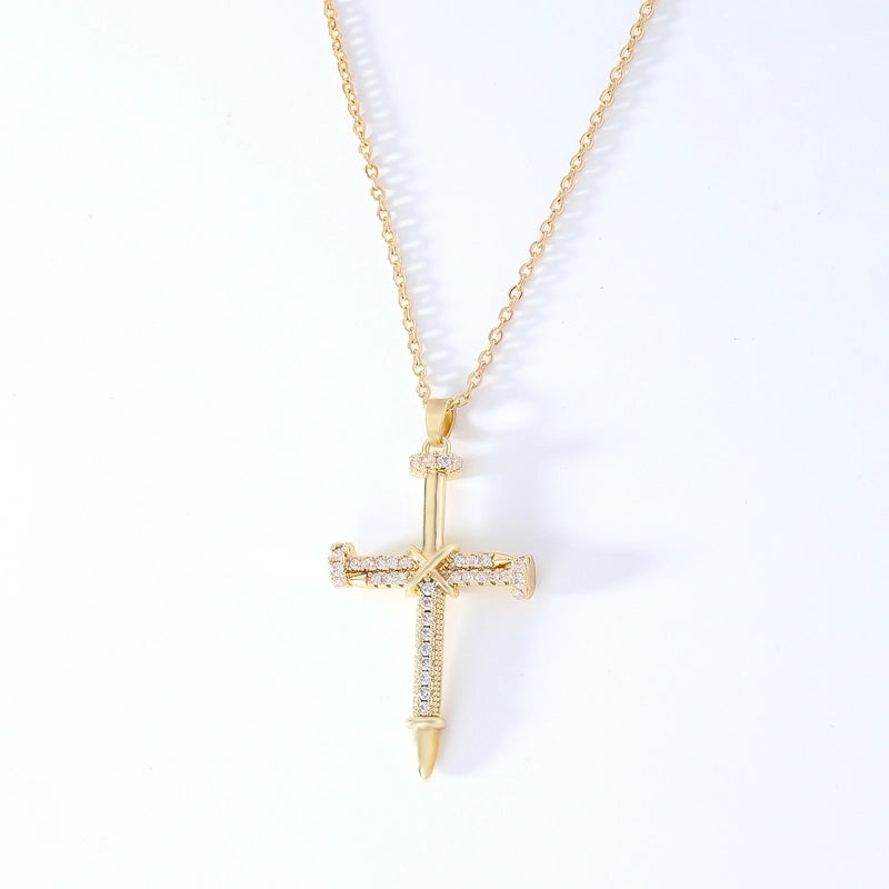 Hip-Hop Retro Cross 304 Stainless Steel Copper Plating Inlay K Gold Plated Zircon Pendant Necklace