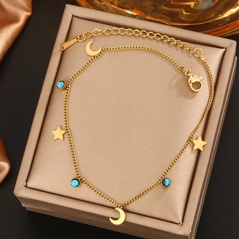Vintage Style Novelty Classic Style Star Life Tree Butterfly 304 Stainless Steel Turquoise Rhinestone Artificial Rhinestones Turquoise 18K Gold Plated Plating Inlay Bracelets Anklet