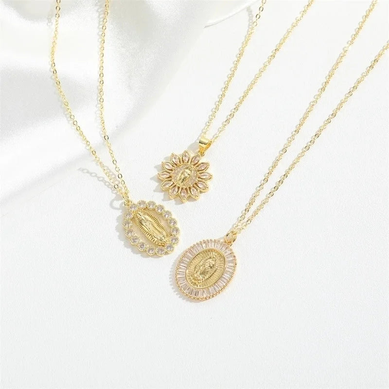 Vintage Style Minimalist Commute Round Copper Inlay 14K Gold Plated Zircon Pendant Necklace