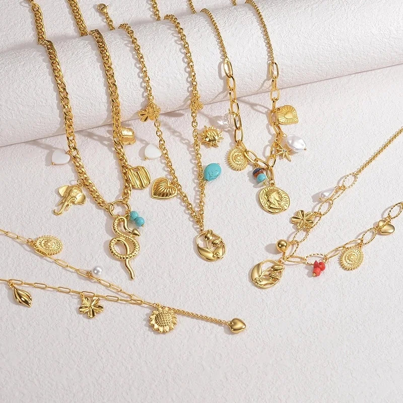 IG Style Minimalist Animal Heart Shape Flower 304 Stainless Steel 18K Gold Plated Multi Charms Pearl Multi Charms Necklace