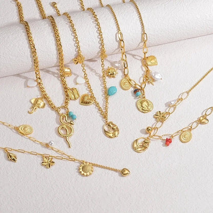 IG Style Minimalist Animal Heart Shape Flower 304 Stainless Steel 18K Gold Plated Multi Charms Pearl Multi Charms Necklace