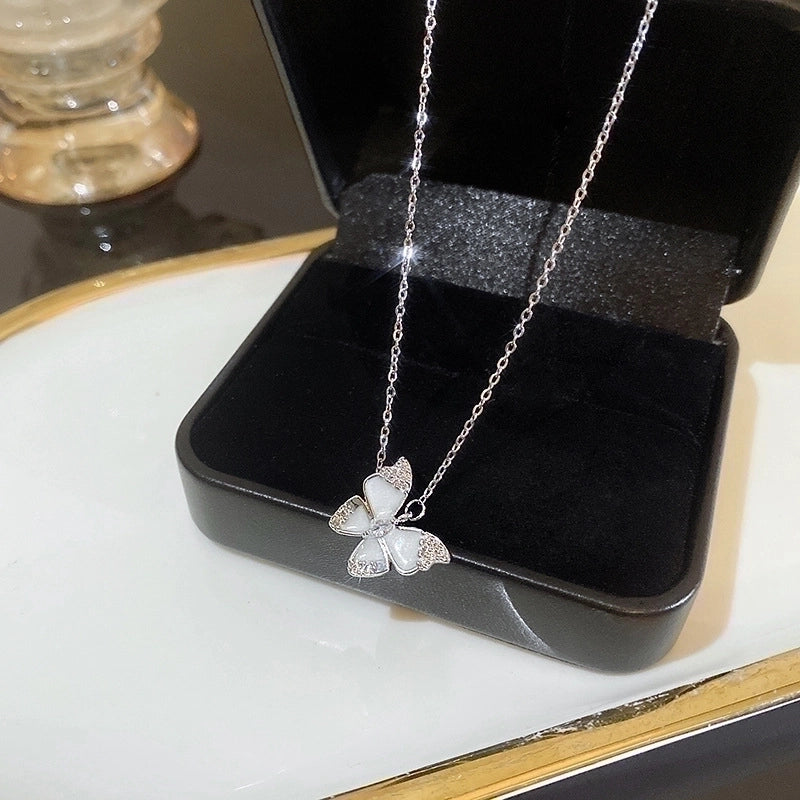 Minimalist Heart Shape Flower Bow Knot Titanium Steel Copper Plating Inlay Artificial Gemstones Pendant Necklace