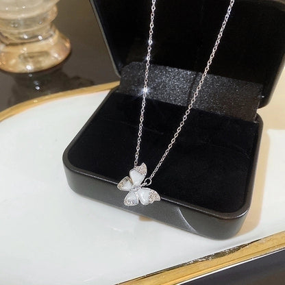 Minimalist Heart Shape Flower Bow Knot Titanium Steel Copper Plating Inlay Artificial Gemstones Pendant Necklace