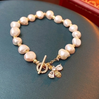 Retro Heart Shape Bee Freshwater Pearl Copper Bracelets