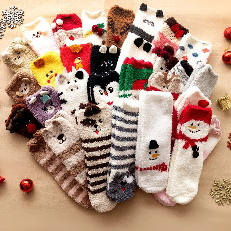 29 Cartoon Straight Embroidered Three-dimensional Animal Coral Fleece Christmas Warm Home Floor Socks Half Velvet Tube Socks