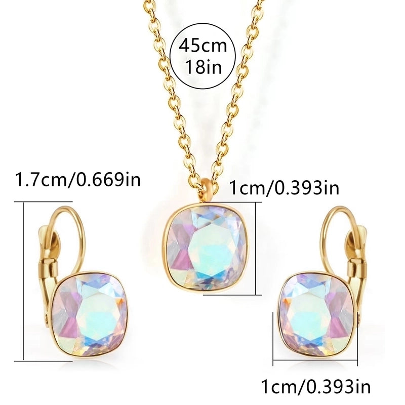 304 Stainless Steel Gold Plated Minimalist Shiny Inlay Square Zircon Jewelry Set