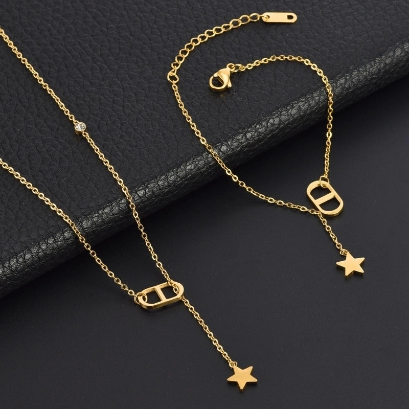 Minimalist Classic Style Round Star Solid Color Titanium Steel Rhinestones 18K Gold Plated Inlay Bracelets Necklace Jewelry Set