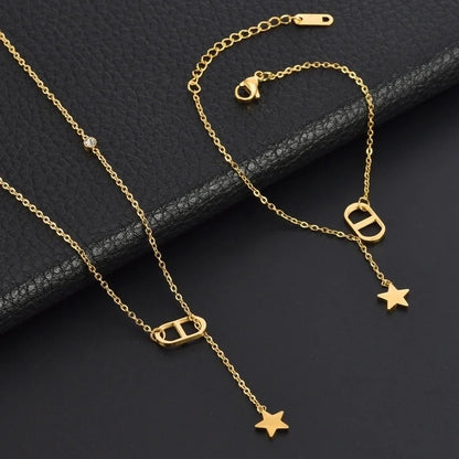 Minimalist Classic Style Round Star Solid Color Titanium Steel Rhinestones 18K Gold Plated Inlay Bracelets Necklace Jewelry Set