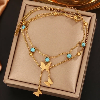 Vintage Style Novelty Classic Style Star Life Tree Butterfly 304 Stainless Steel Turquoise Rhinestone Artificial Rhinestones Turquoise 18K Gold Plated Plating Inlay Bracelets Anklet