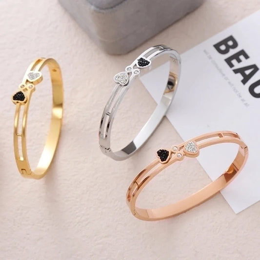 Ins Style Minimalist Heart Shape Stainless Steel Plating Inlay Rhinestones 18k Gold Plated Bangle