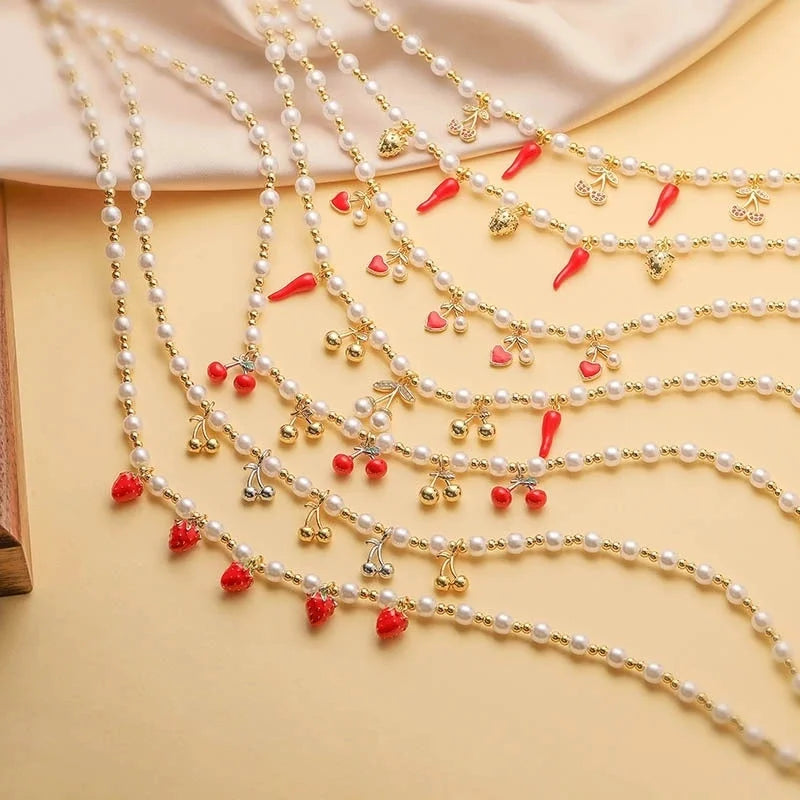 Sweet Cherry Strawberry Copper Enamel Multi Charms Necklace