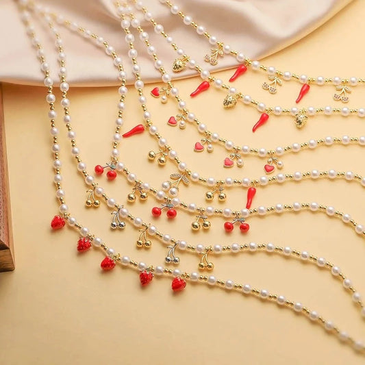 Sweet Cherry Strawberry Copper Enamel Multi Charms Necklace