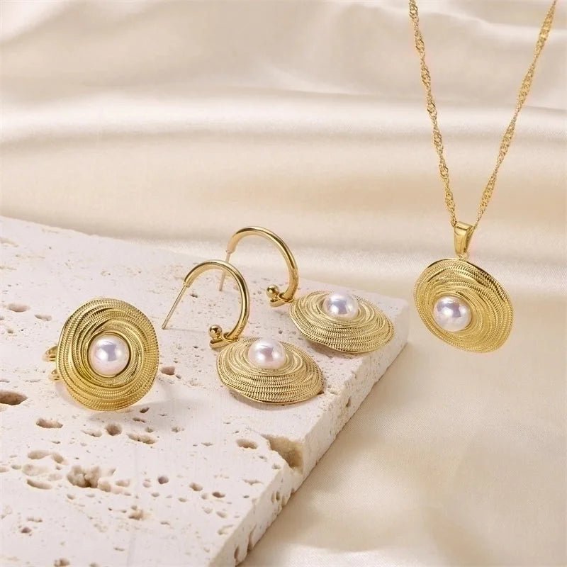 Elegant Lady Geometric 304 Stainless Steel Pearl 18K Gold Plated Plating Inlay Rings Earrings Necklace