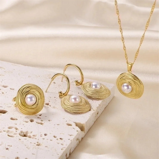 Elegant Lady Geometric 304 Stainless Steel Pearl 18K Gold Plated Plating Inlay Rings Earrings Necklace