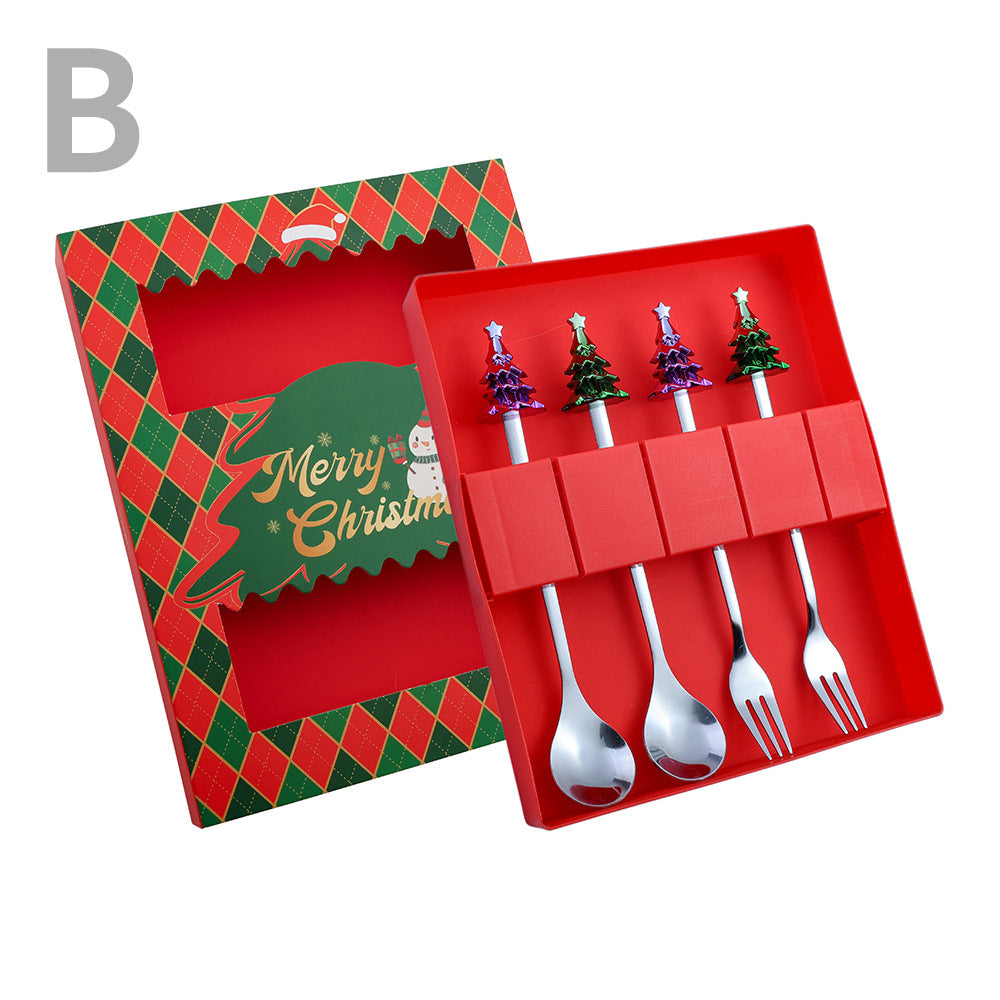 J Christmas Spoon Set Cartoon Colorful Santa Claus Christmas Tree Spoon Fork Coffee Dessert Spoon Gift Box