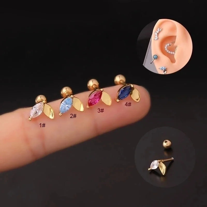 Ear Cartilage Rings & Studs Fashion Leaf 316L Stainless Steel Copper Plating Inlay Zircon