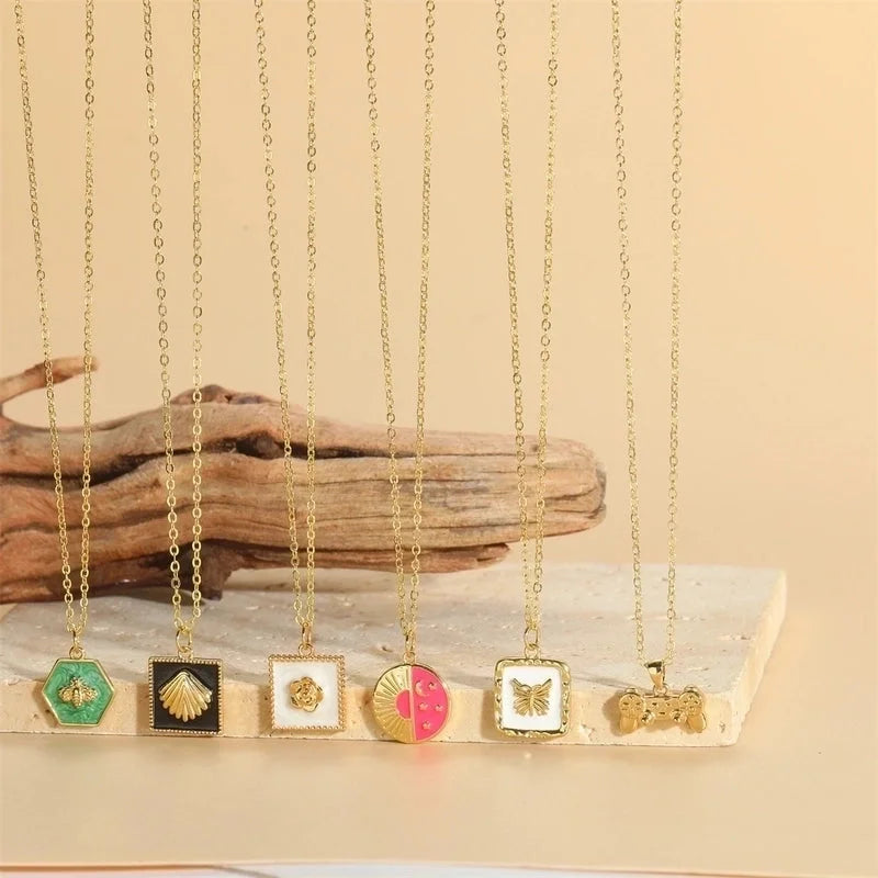 Copper 14K Gold Plated Vintage Style Minimalist Commute Enamel Inlay Butterfly Zircon Pendant Necklace