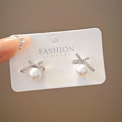 10 Pieces Minimalist Heart Shape Flower Bow Knot Imitation Pearl Alloy Rhinestone Irregular Women\'S Earrings 1 Pair