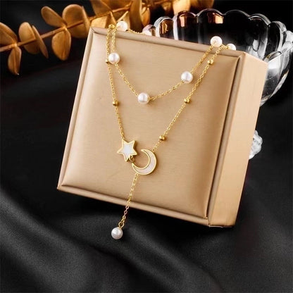 Stainless Steel 18K Gold Plated Casual Minimalist Pearl Inlay Star Moon Shell Bracelets Earrings Necklace