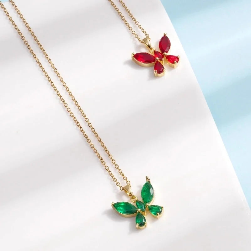 304 Stainless Steel Copper Inlay Butterfly Zircon Pendant Necklace