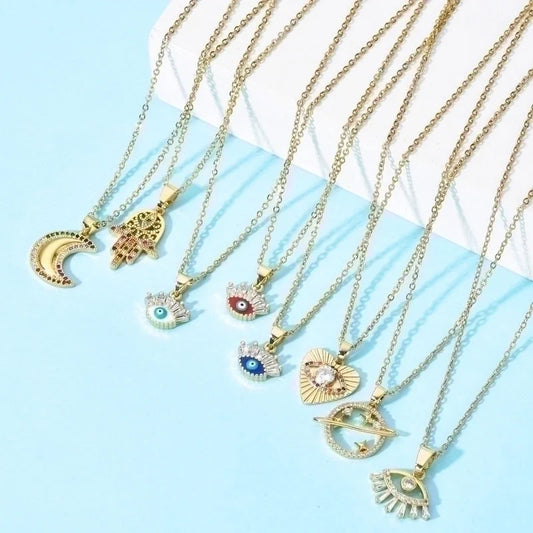 Bohemian Devil's Eye Heart Shape Stainless Steel Inlay Artificial Crystal Pendant Necklace