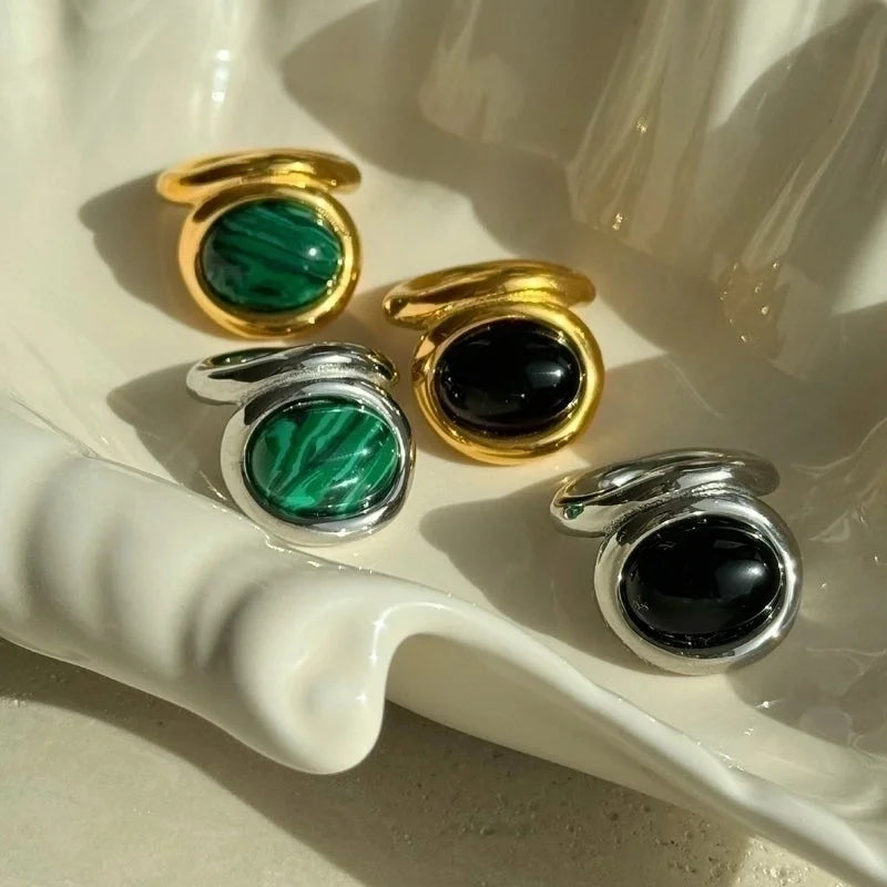 Retro Geometric Titanium Steel Inlay Natural Stone Rings