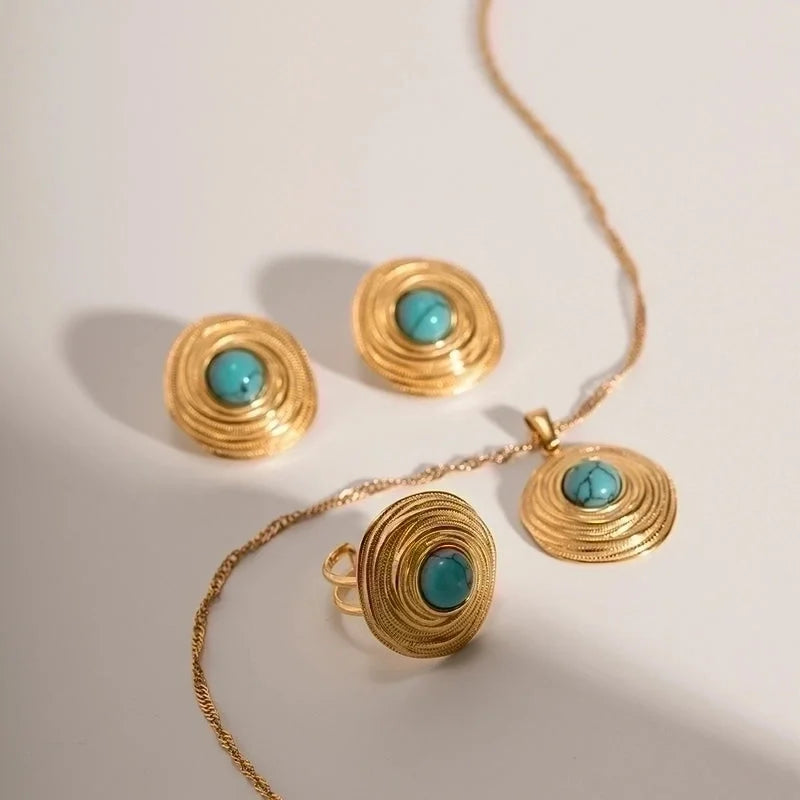 Elegant Vintage Style Geometric 304 Stainless Steel Turquoise Plating Rings Earrings Necklace