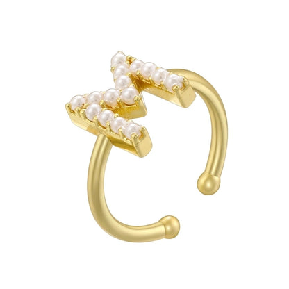 Copper 18K Gold Plated Plating Inlay Letter Artificial Pearls Open Rings