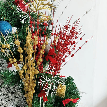 Christmas Decorations 43cm 12 Fork Gold Powder Ball Christmas Tree Garland Rattan Sequins Simulation Berry Branches Bundle