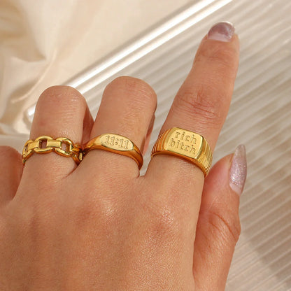 Minimalist Women Number Text Letter Stainless Steel 18K Gold Plated Rings