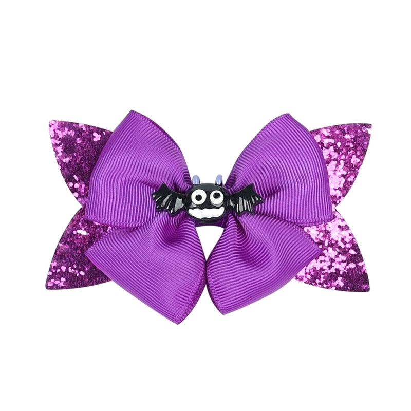 Funny Kid'S Halloween Pattern Pumpkin Bat Ribbon Sequins Bowknot Hair Clip