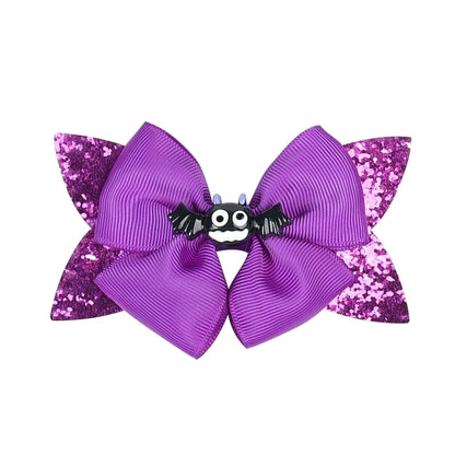 Funny Kid'S Halloween Pattern Pumpkin Bat Ribbon Sequins Bowknot Hair Clip