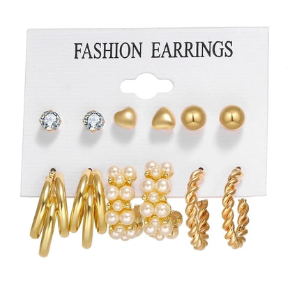 Retro Round Alloy Plating Artificial Pearls Women\'s Earrings Ear Studs 6-piece Set