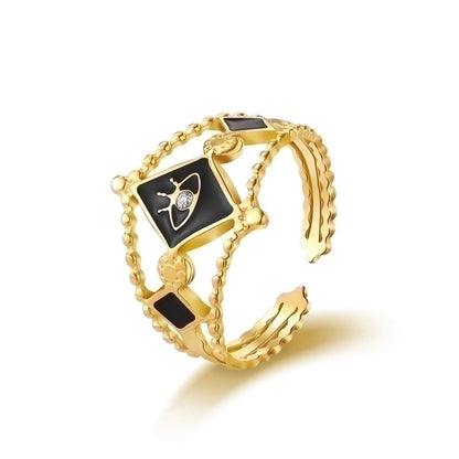 Fashion Round Square 304 Stainless Steel Artificial Gemstones 14K Gold Plated Plating Inlay Open Ring