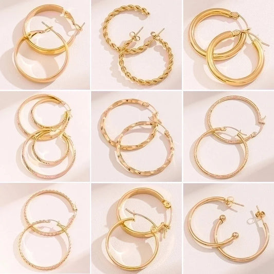 2 Pieces Retro Minimalist Round Waves Plating 201 Stainless Steel 18K Gold Plated Hoop Earrings
