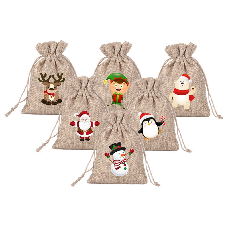 Christmas Bag Linen Drawstring Colorful Cartoon Gift Bag Amazon Christmas Suit 24 Candy Gift Bags
