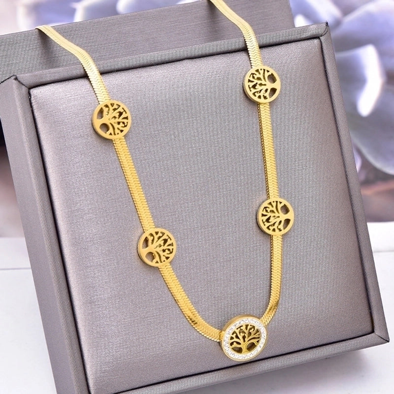 Fashion Tree 304 Stainless Steel Rhinestones 18K Gold Plated Inlay Stainless Steel Necklaces