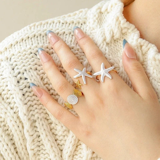 Casual Vacation Beach Starfish Swirl Pattern 304 Stainless Steel 14K Gold Plated Enamel Open Rings