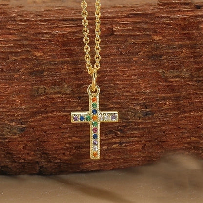 Copper 14K Gold Plated Vintage Style Minimalist Commute Inlay Cross Palm Zircon Pendant Necklace