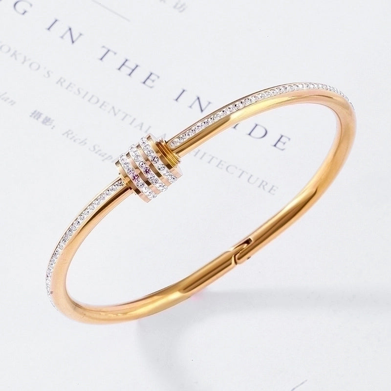 Minimalist Geometric Titanium Steel Plating Inlay Zircon 18k Gold Plated Bangle