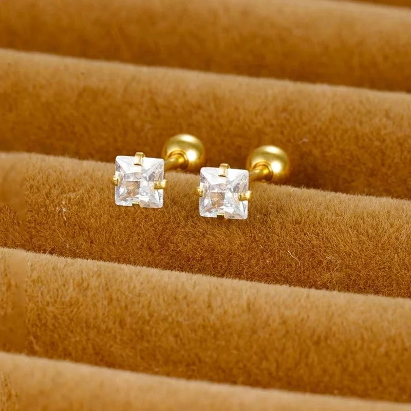Minimalist Square Inlay 304 Stainless Steel Zircon 18K Gold Plated Stainless Steel Earrings