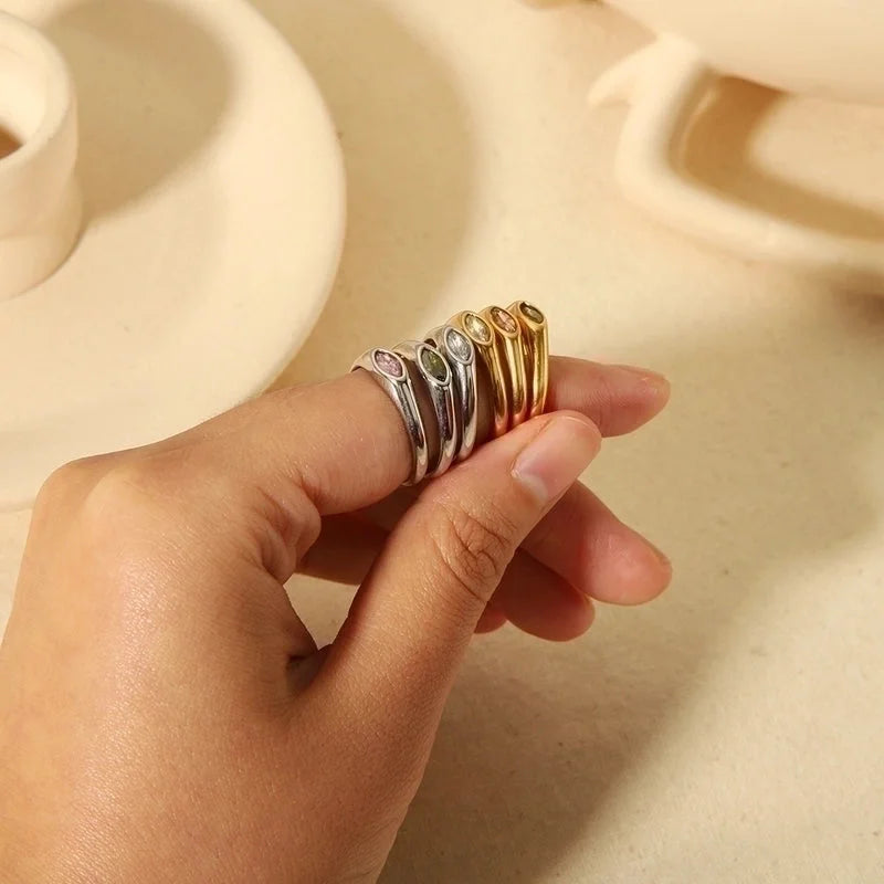 304 Stainless Steel Casual Korean Style Plating Inlay Round Zircon Rings