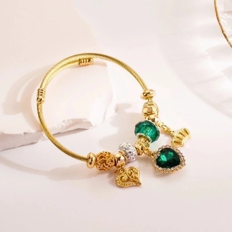 Artistic Shiny Heart Shape 304 Stainless Steel Alloy Gold Plated Rhinestones Bangle In Bulk