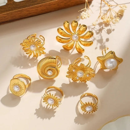 Elegant Luxurious Baroque Style Pentagram Sun Flower 304 Stainless Steel Pearl 14K Gold Plated Open Rings