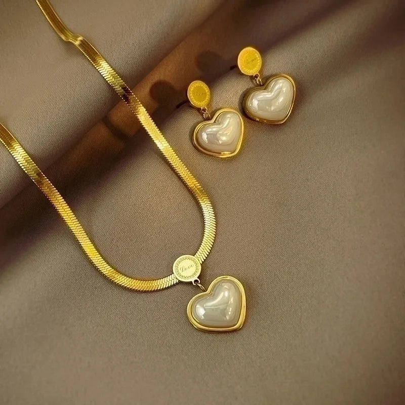 Fashion Heart Shape Titanium Steel Inlay Pearl Earrings Necklace