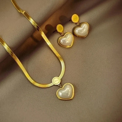 Fashion Heart Shape Titanium Steel Inlay Pearl Earrings Necklace